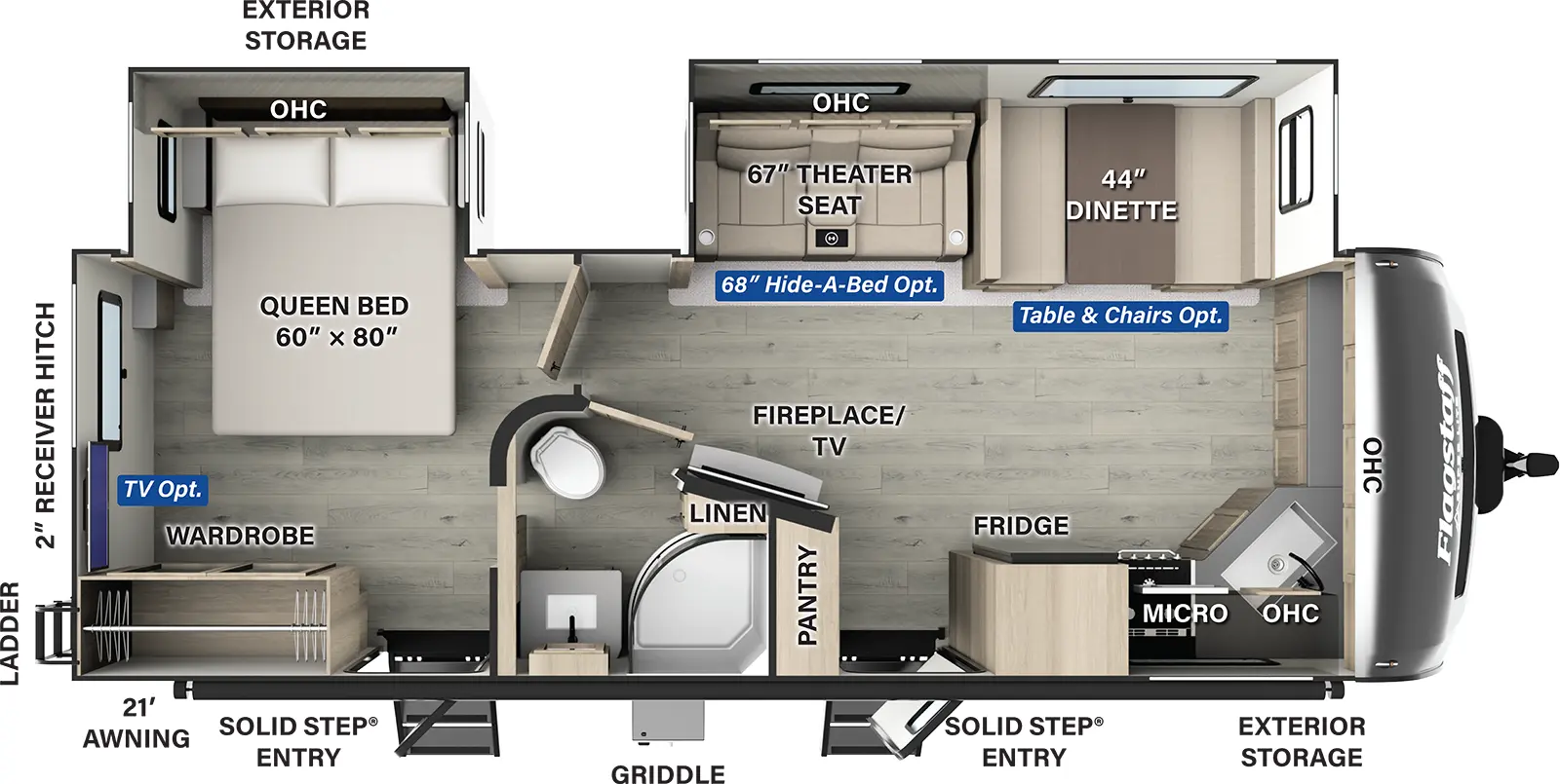 The Flagstaff Super Lite Travel Trailers 26FKBS has two entries and two slide outs. Exterior features include: fiberglass exterior and 21' awning. Interiors features include: front kitchen, free-standing dinette option and rear bedroom.